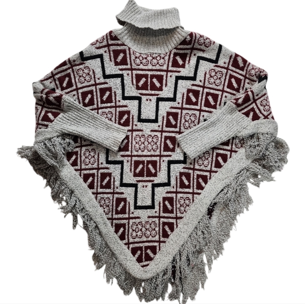 Geometric Fringe Poncho Sweater with Turtleneck Burgundy Gray Boho Style